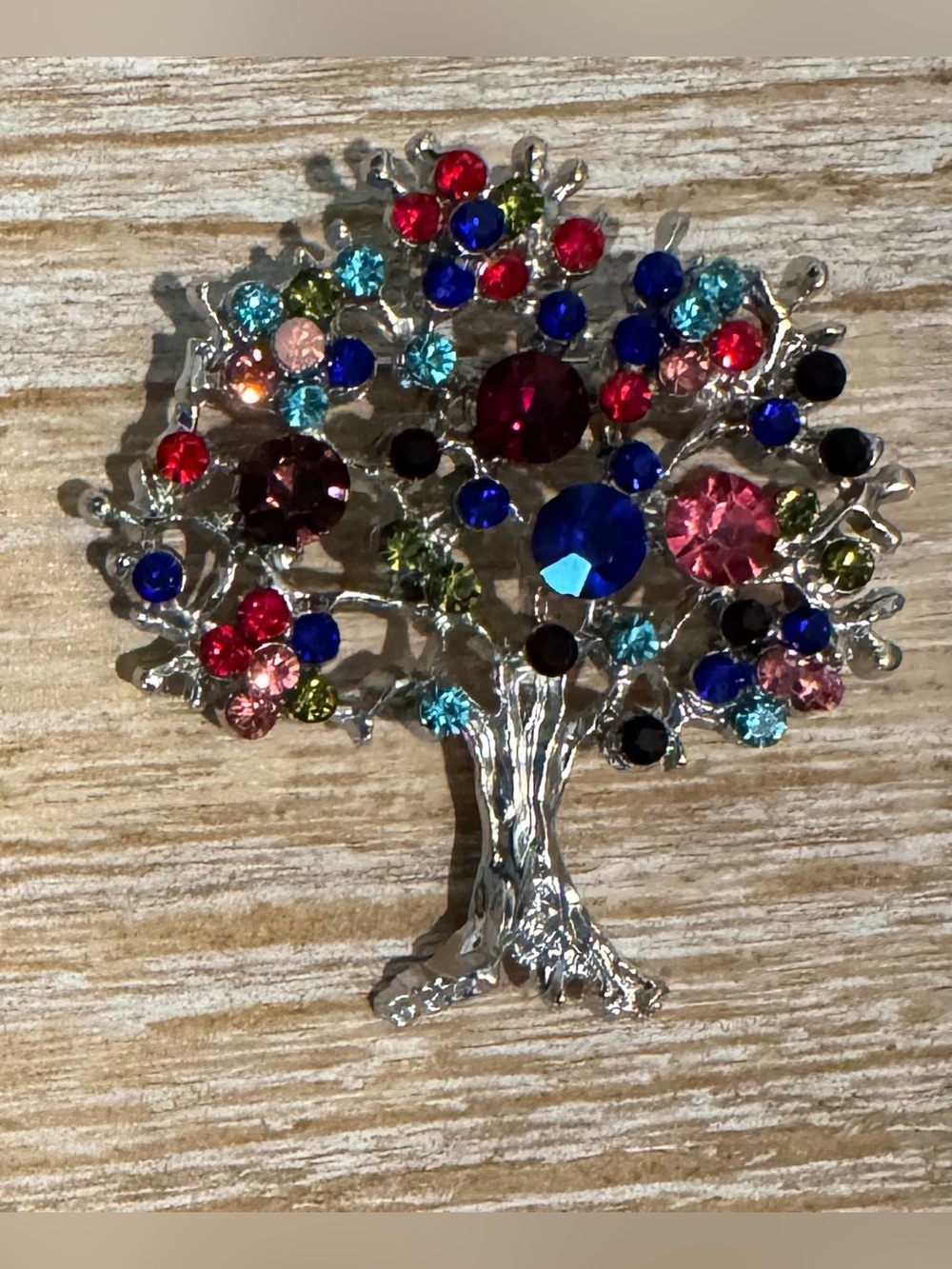 Multicolor Crystal Tree Silver Tone Brooch